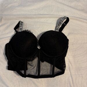 Victoria’s Secret Black Lace Longline Bra | 34DD | Rhinestone Logo Straps